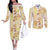 Christmas Aloha Hawaii Tiki Couples Matching Off The Shoulder Long Sleeve Dress and Long Sleeve Button Shirt Hibiscus Autumn Colors - Polynesian Pride