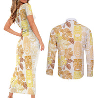 Christmas Aloha Hawaii Tiki Couples Matching Short Sleeve Bodycon Dress and Long Sleeve Button Shirt Hibiscus Autumn Colors - Polynesian Pride