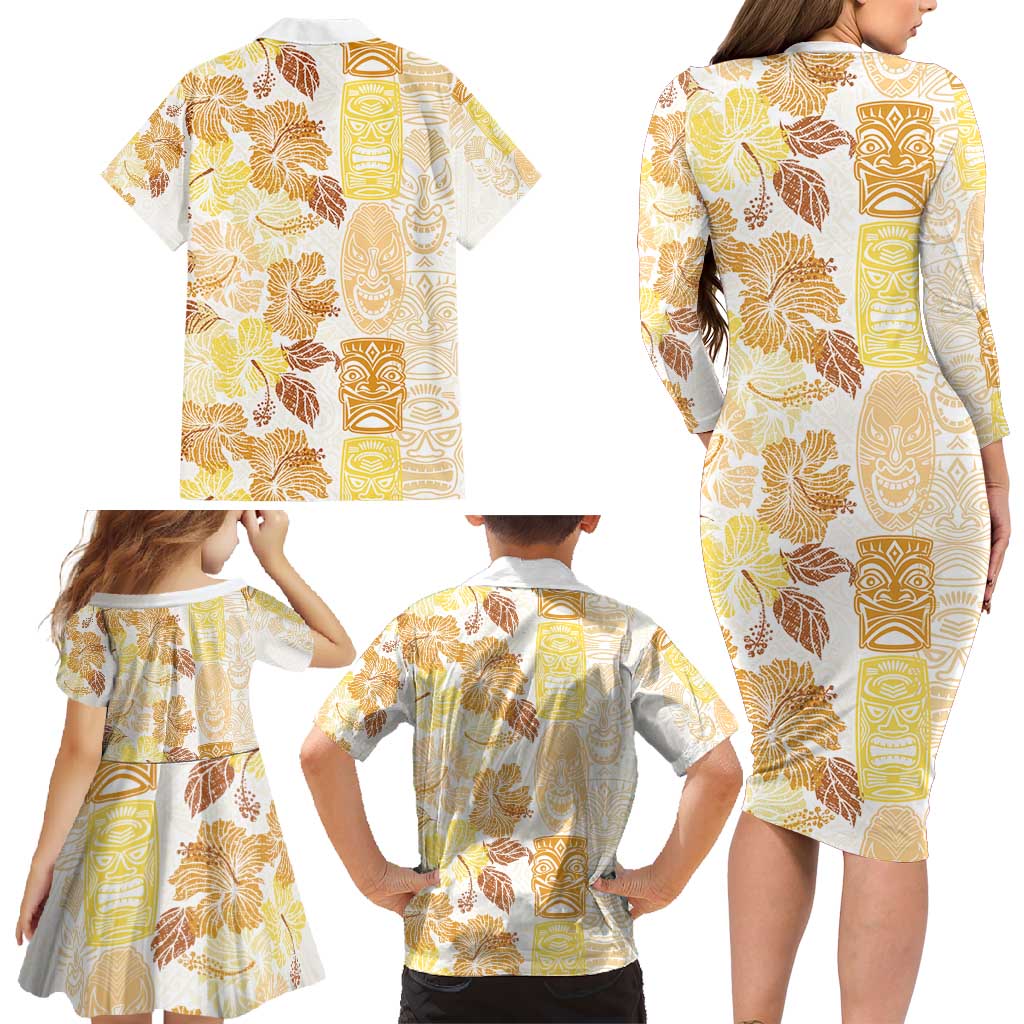 Christmas Aloha Hawaii Tiki Family Matching Long Sleeve Bodycon Dress and Hawaiian Shirt Hibiscus Autumn Colors - Polynesian Pride