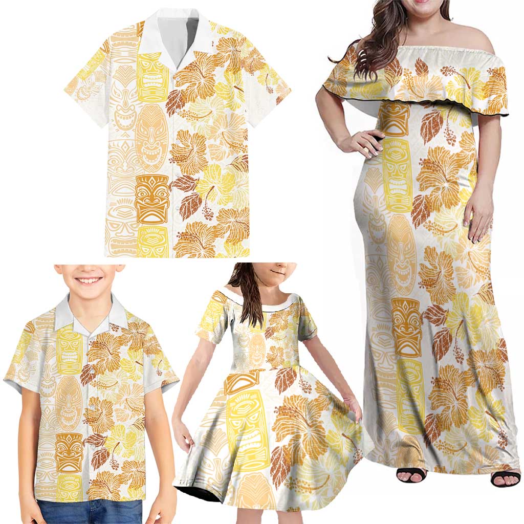 Christmas Aloha Hawaii Tiki Family Matching Off Shoulder Maxi Dress and Hawaiian Shirt Hibiscus Autumn Colors - Polynesian Pride