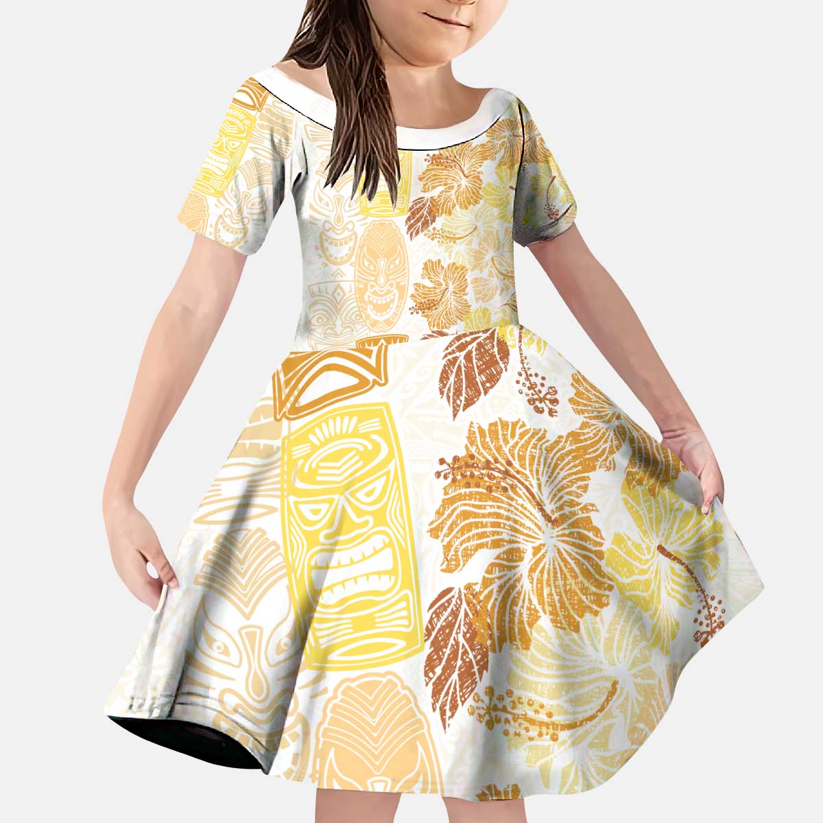 Christmas Aloha Hawaii Tiki Kid Short Sleeve Dress Hibiscus Autumn Colors - Polynesian Pride