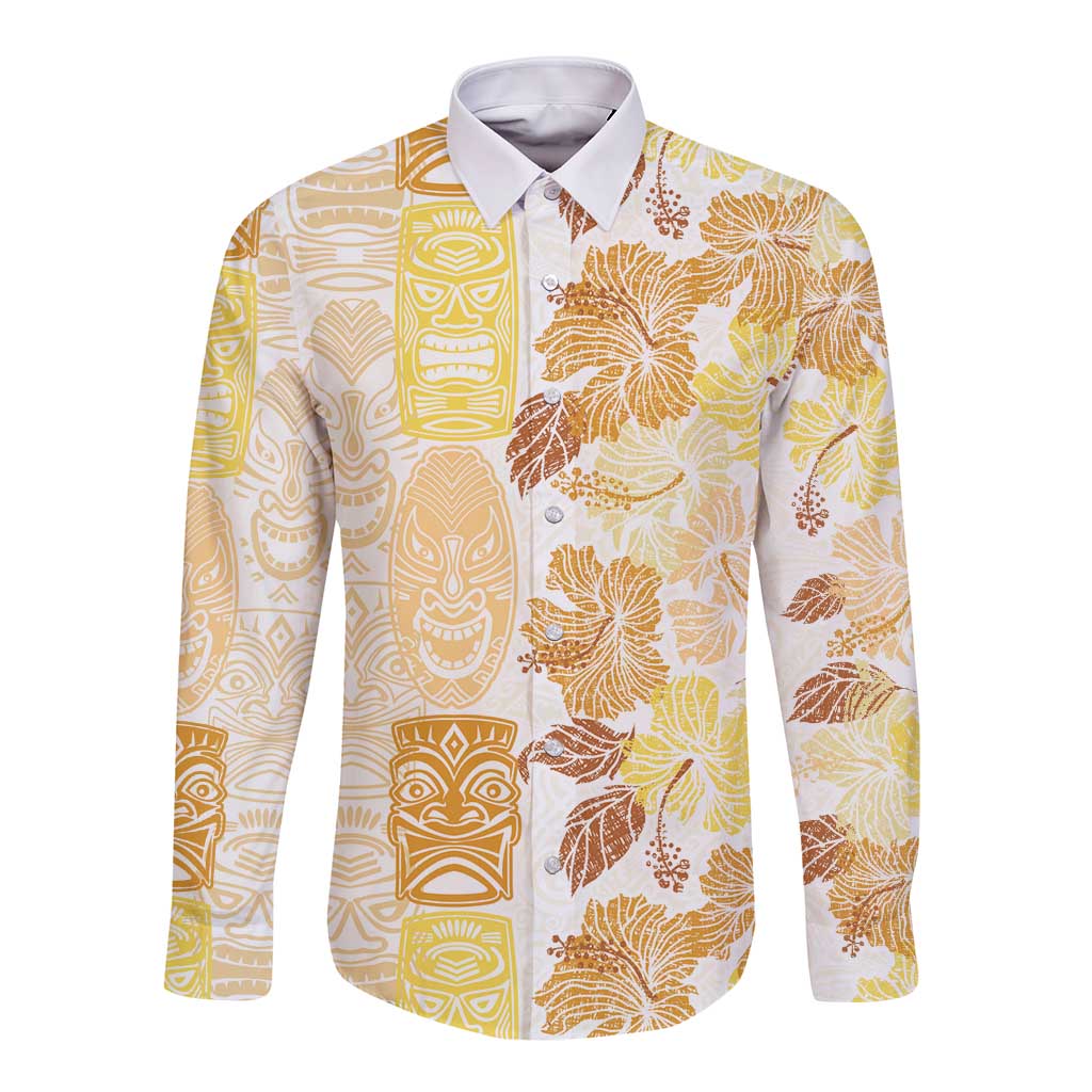 Christmas Aloha Hawaii Tiki Long Sleeve Button Shirt Hibiscus Autumn Colors LT7 Unisex Yellow - Polynesian Pride