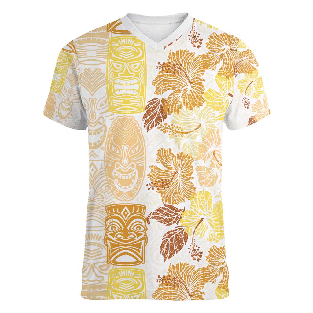 Christmas Aloha Hawaii Tiki Women V-Neck T-Shirt Hibiscus Autumn Colors - Polynesian Pride