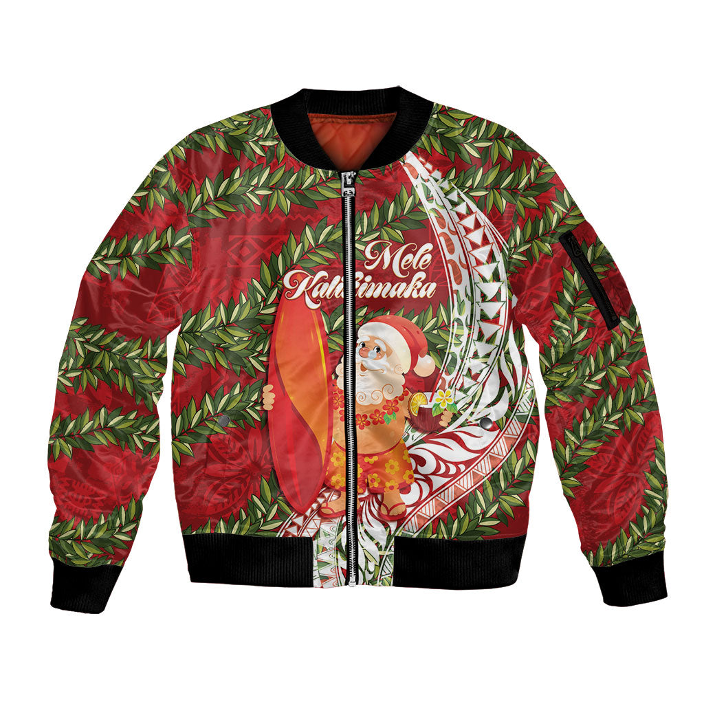 Mele Kalikimaka Hawaii Christmas Maile Lei Sleeve Zip Bomber Jacket Tropical Santa LT7 Unisex Red - Polynesian Pride