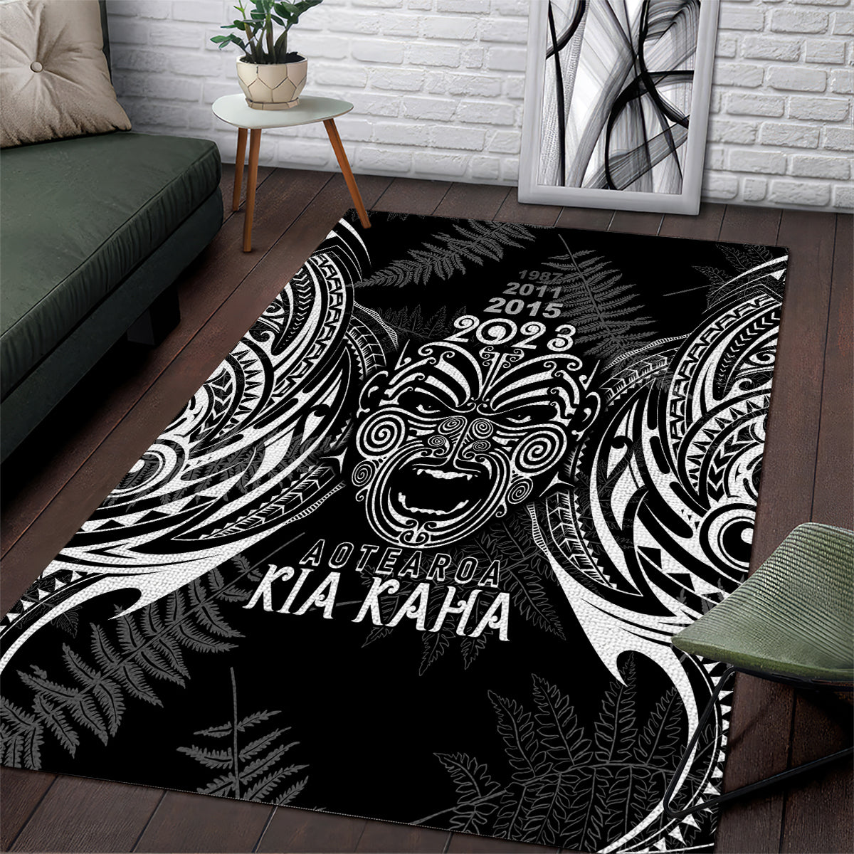 Custom New Zealand Rugby Area Rug 2023 World Cup Aotearoa Haka Face LT7 Black - Polynesian Pride