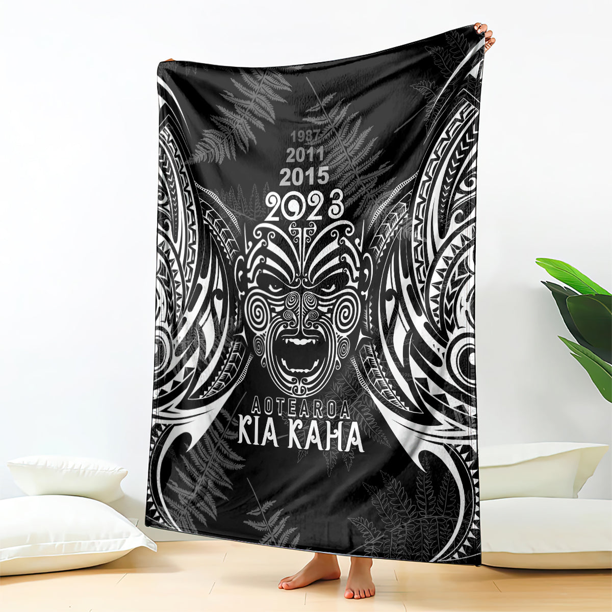 Custom New Zealand Rugby Blanket 2023 World Cup Aotearoa Haka Face LT7 Black - Polynesian Pride