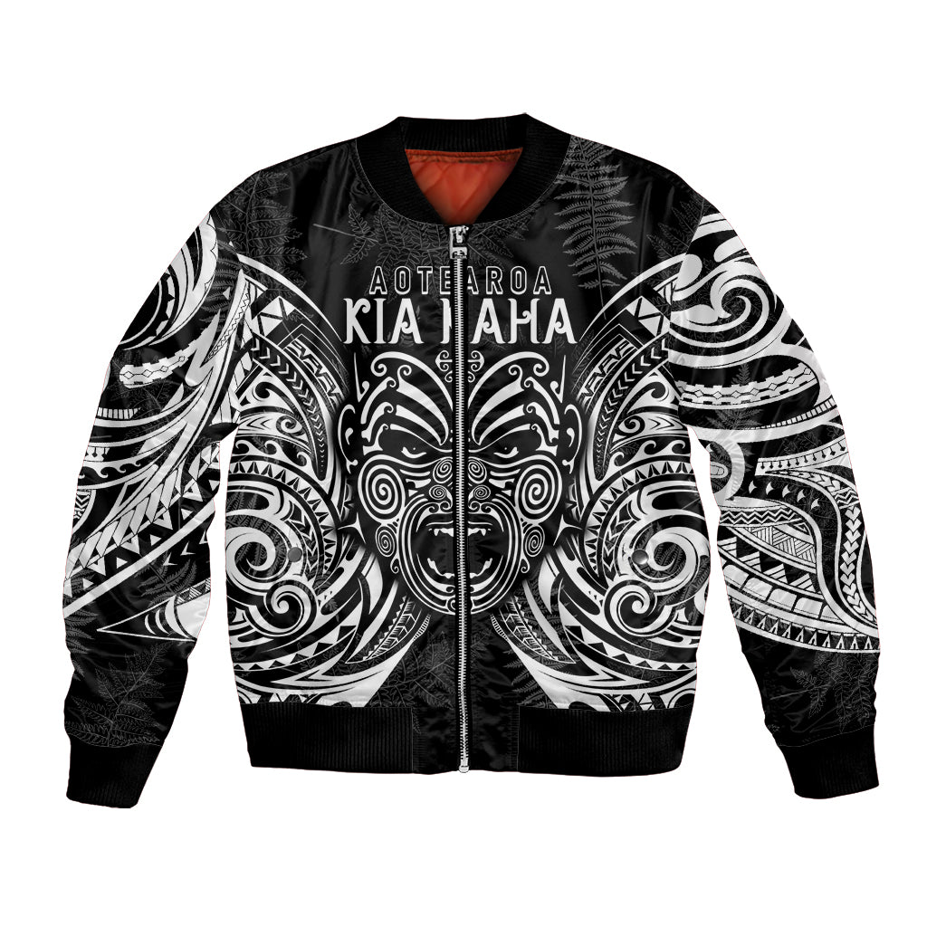 New Zealand Rugby Bomber Jacket 2023 World Cup Aotearoa Haka Face LT7 Unisex Black - Polynesian Pride