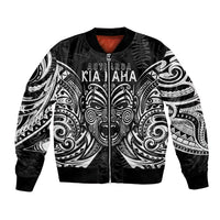 New Zealand Rugby Bomber Jacket 2023 World Cup Aotearoa Haka Face LT7 Unisex Black - Polynesian Pride
