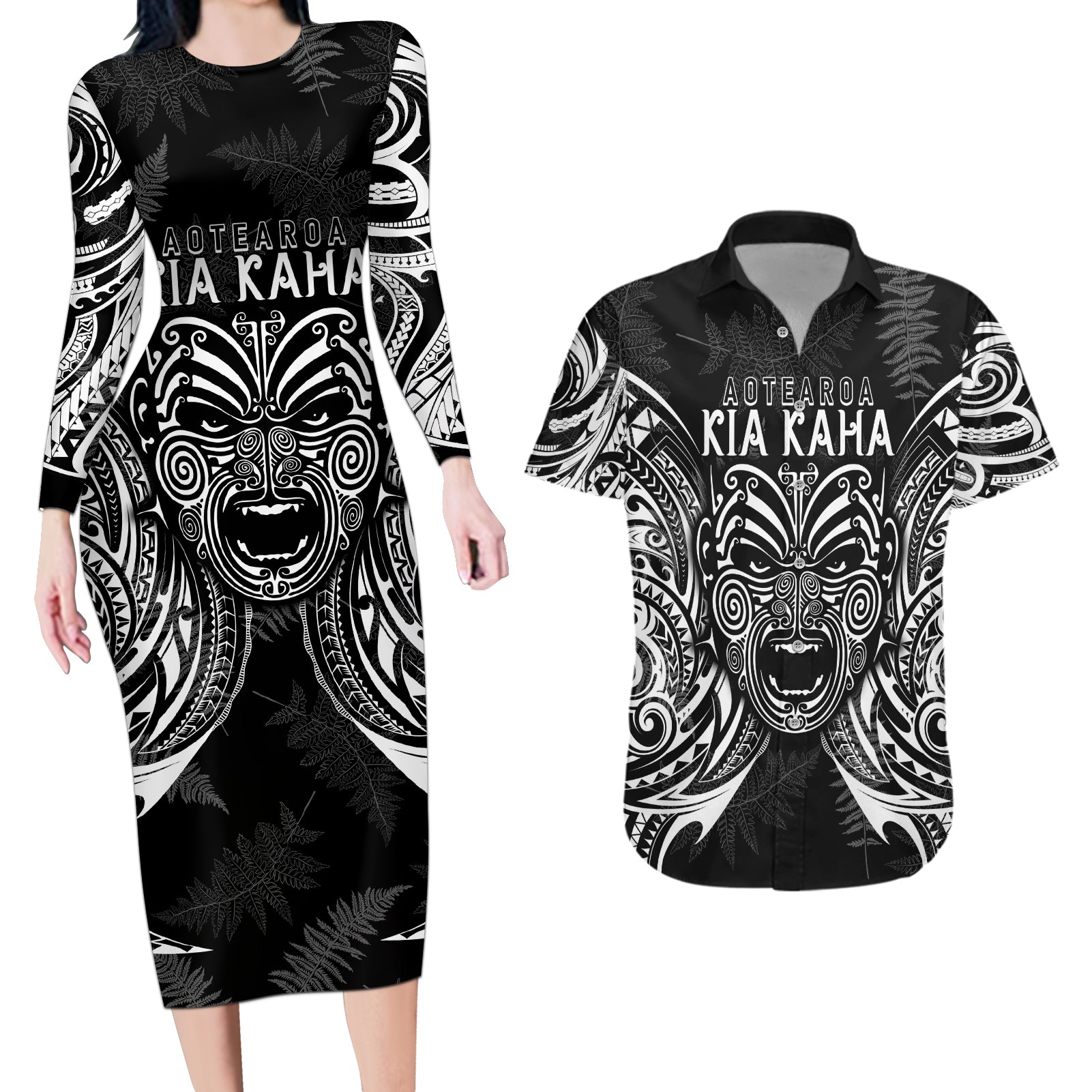 Custom New Zealand Rugby Couples Matching Long Sleeve Bodycon Dress and Hawaiian Shirt 2023 World Cup Aotearoa Haka Face LT7 Black - Polynesian Pride