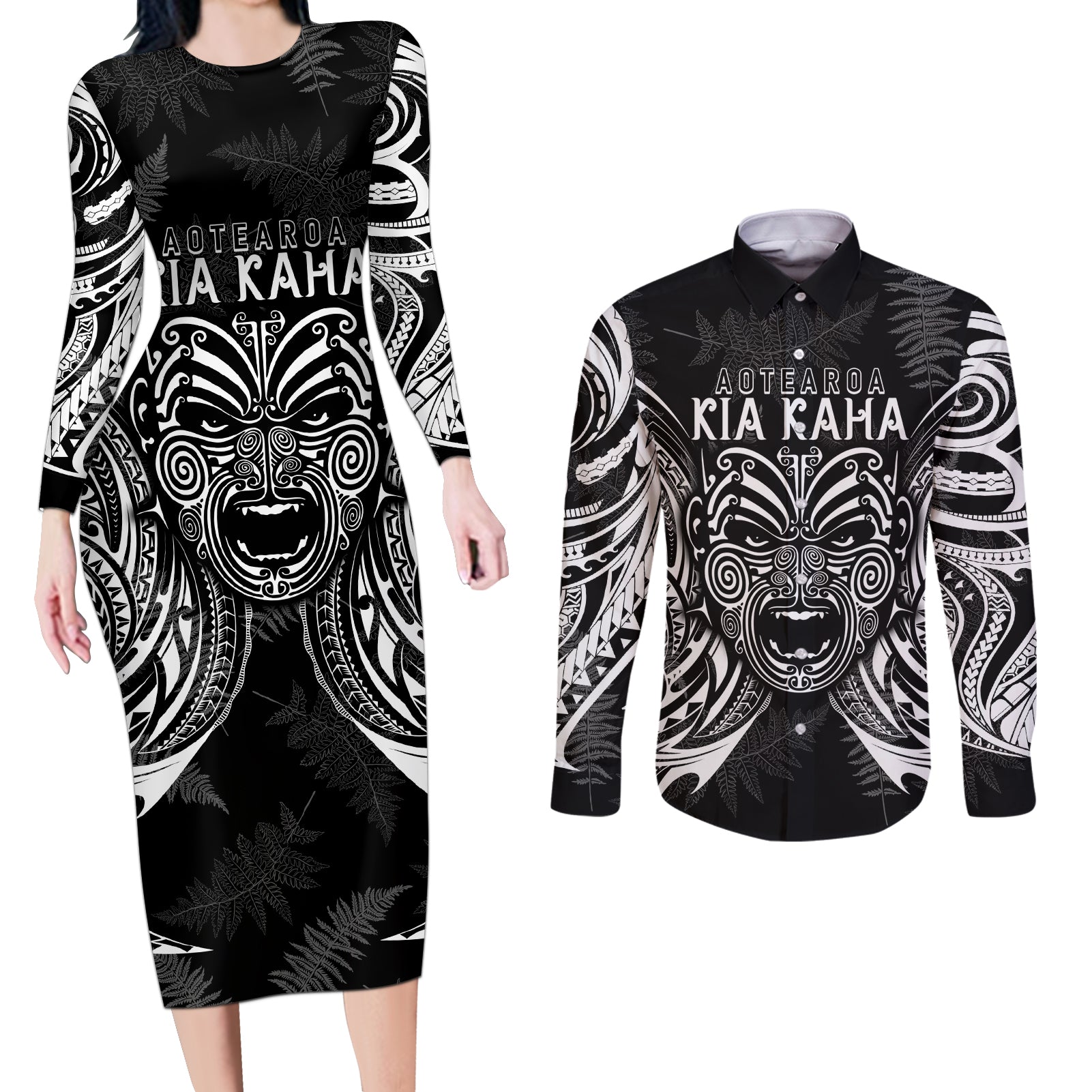 Custom New Zealand Rugby Couples Matching Long Sleeve Bodycon Dress and Long Sleeve Button Shirt 2023 World Cup Aotearoa Haka Face LT7 Black - Polynesian Pride