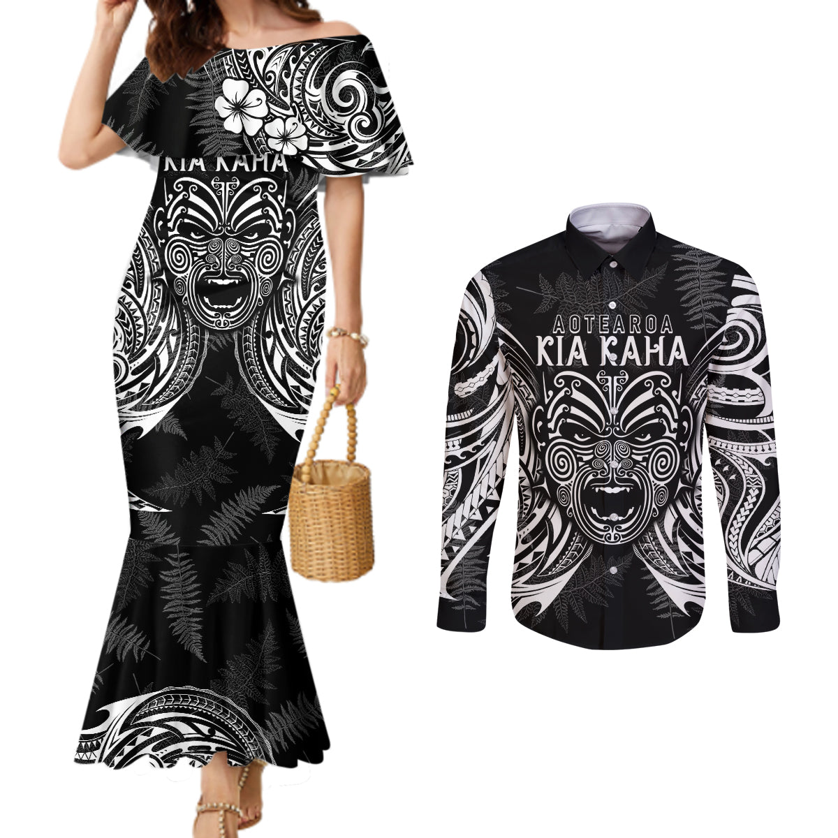 Custom New Zealand Rugby Couples Matching Mermaid Dress and Long Sleeve Button Shirt 2023 World Cup Aotearoa Haka Face LT7 Black - Polynesian Pride