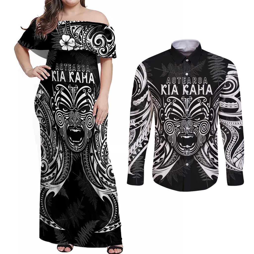 Custom New Zealand Rugby Couples Matching Off Shoulder Maxi Dress and Long Sleeve Button Shirt 2023 World Cup Aotearoa Haka Face LT7 Black - Polynesian Pride