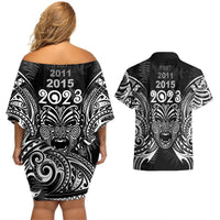 Custom New Zealand Rugby Couples Matching Off Shoulder Short Dress and Hawaiian Shirt 2023 World Cup Aotearoa Haka Face LT7 - Polynesian Pride