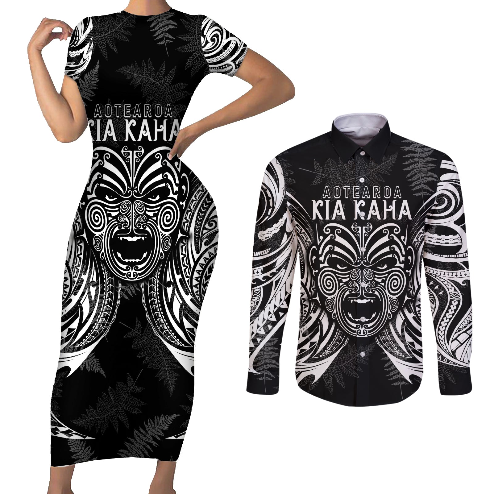 Custom New Zealand Rugby Couples Matching Short Sleeve Bodycon Dress and Long Sleeve Button Shirt 2023 World Cup Aotearoa Haka Face LT7 Black - Polynesian Pride