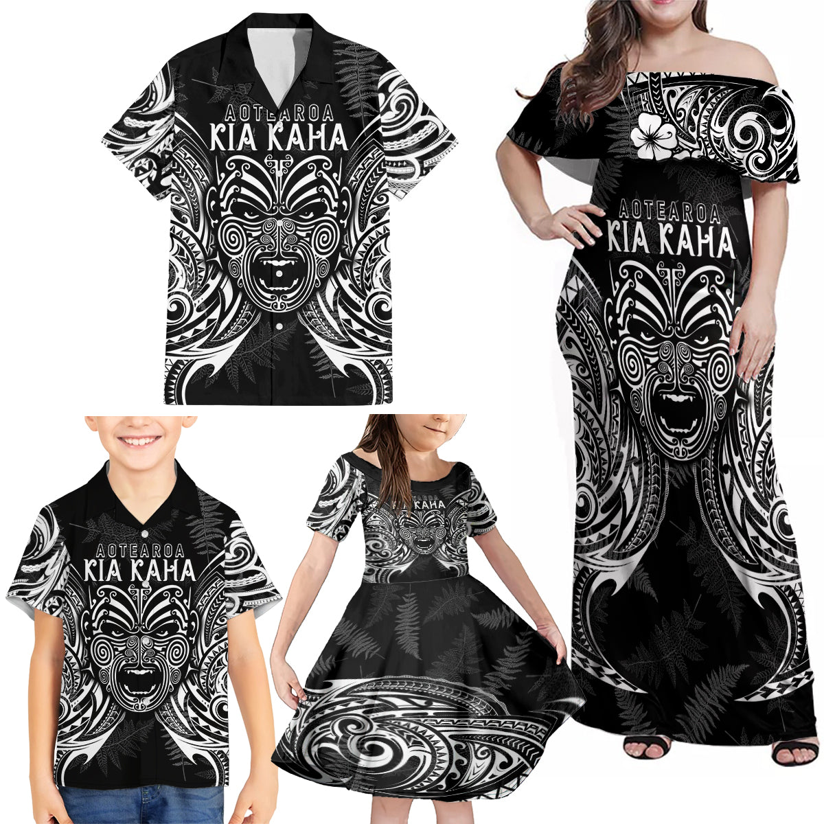 Custom New Zealand Rugby Family Matching Off Shoulder Maxi Dress and Hawaiian Shirt 2023 World Cup Aotearoa Haka Face LT7 - Polynesian Pride