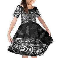 New Zealand Rugby Family Matching Off Shoulder Short Dress and Hawaiian Shirt 2023 World Cup Aotearoa Haka Face LT7 Daughter's Dress Black - Polynesian Pride