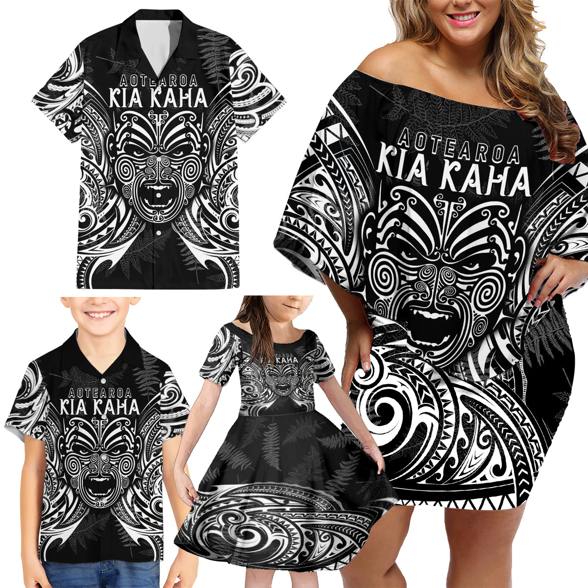New Zealand Rugby Family Matching Off Shoulder Short Dress and Hawaiian Shirt 2023 World Cup Aotearoa Haka Face LT7 - Polynesian Pride