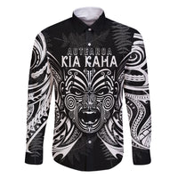 New Zealand Rugby Family Matching Off Shoulder Short Dress and Hawaiian Shirt 2023 World Cup Aotearoa Haka Face LT7 Dad's Shirt - Long Sleeve Black - Polynesian Pride