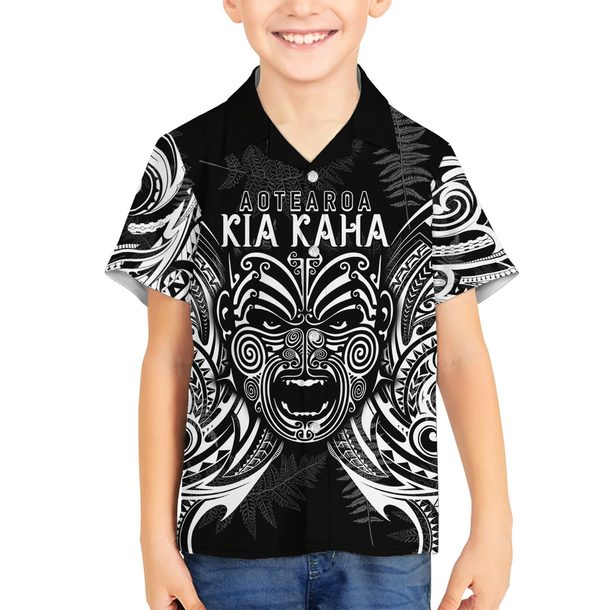 New Zealand Rugby Family Matching Off Shoulder Short Dress and Hawaiian Shirt 2023 World Cup Aotearoa Haka Face LT7 Son's Shirt Black - Polynesian Pride