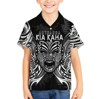 New Zealand Rugby Family Matching Off Shoulder Short Dress and Hawaiian Shirt 2023 World Cup Aotearoa Haka Face LT7 Son's Shirt Black - Polynesian Pride
