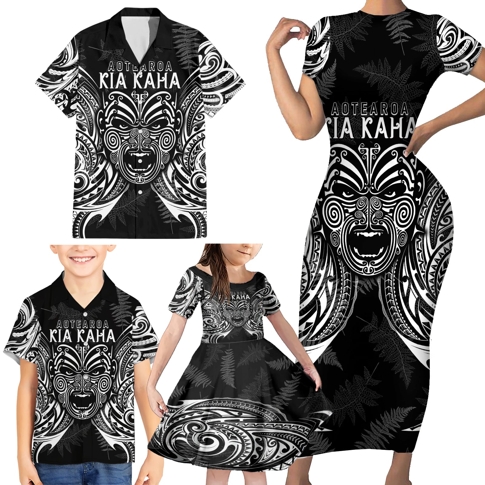 Custom New Zealand Rugby Family Matching Short Sleeve Bodycon Dress and Hawaiian Shirt 2023 World Cup Aotearoa Haka Face LT7 - Polynesian Pride