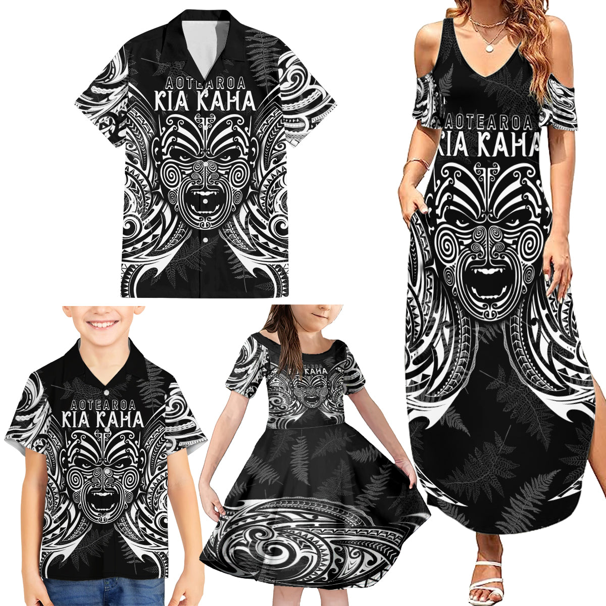 New Zealand Rugby Family Matching Summer Maxi Dress and Hawaiian Shirt 2023 World Cup Aotearoa Haka Face LT7 - Polynesian Pride