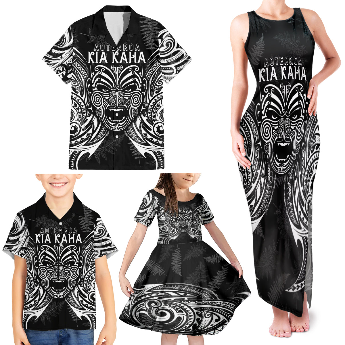 New Zealand Rugby Family Matching Tank Maxi Dress and Hawaiian Shirt 2023 World Cup Aotearoa Haka Face LT7 - Polynesian Pride