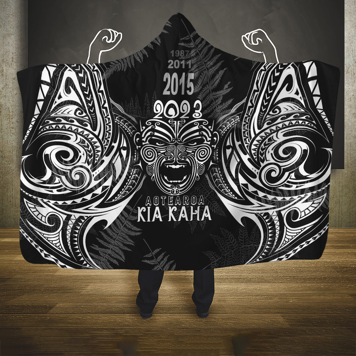 New Zealand Rugby Hooded Blanket 2023 World Cup Aotearoa Haka Face LT7 One Size Black - Polynesian Pride