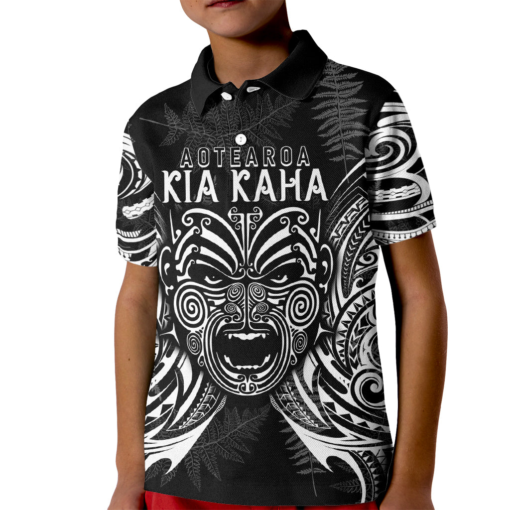 Custom New Zealand Rugby Kid Polo Shirt 2023 World Cup Aotearoa Haka Face LT7 Kid Black - Polynesian Pride