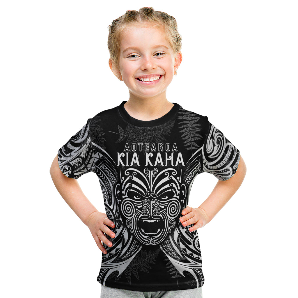 Custom New Zealand Rugby Kid T Shirt 2023 World Cup Aotearoa Haka Face LT7 Black - Polynesian Pride