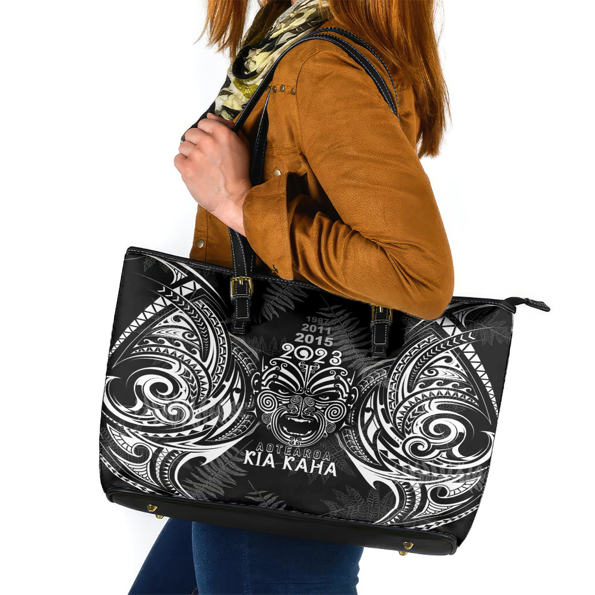 New Zealand Rugby Leather Tote Bag 2023 World Cup Aotearoa Haka Face LT7 Black - Polynesian Pride