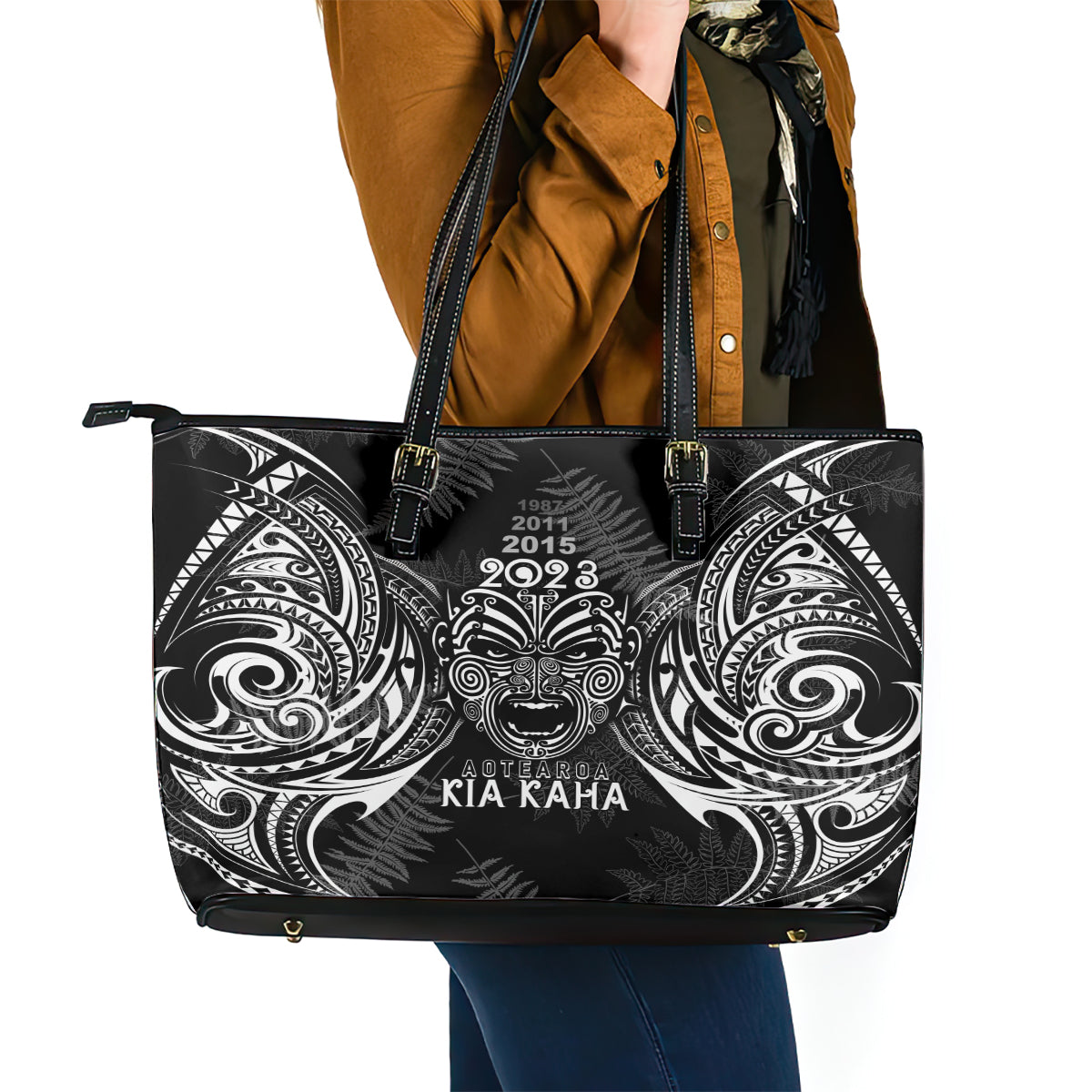 New Zealand Rugby Leather Tote Bag 2023 World Cup Aotearoa Haka Face LT7 - Polynesian Pride