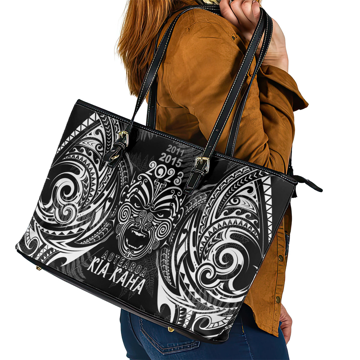 New Zealand Rugby Leather Tote Bag 2023 World Cup Aotearoa Haka Face LT7 - Polynesian Pride