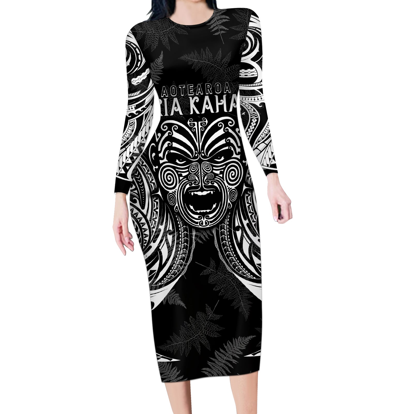 Custom New Zealand Rugby Long Sleeve Bodycon Dress 2023 World Cup Aotearoa Haka Face LT7 Long Dress Black - Polynesian Pride