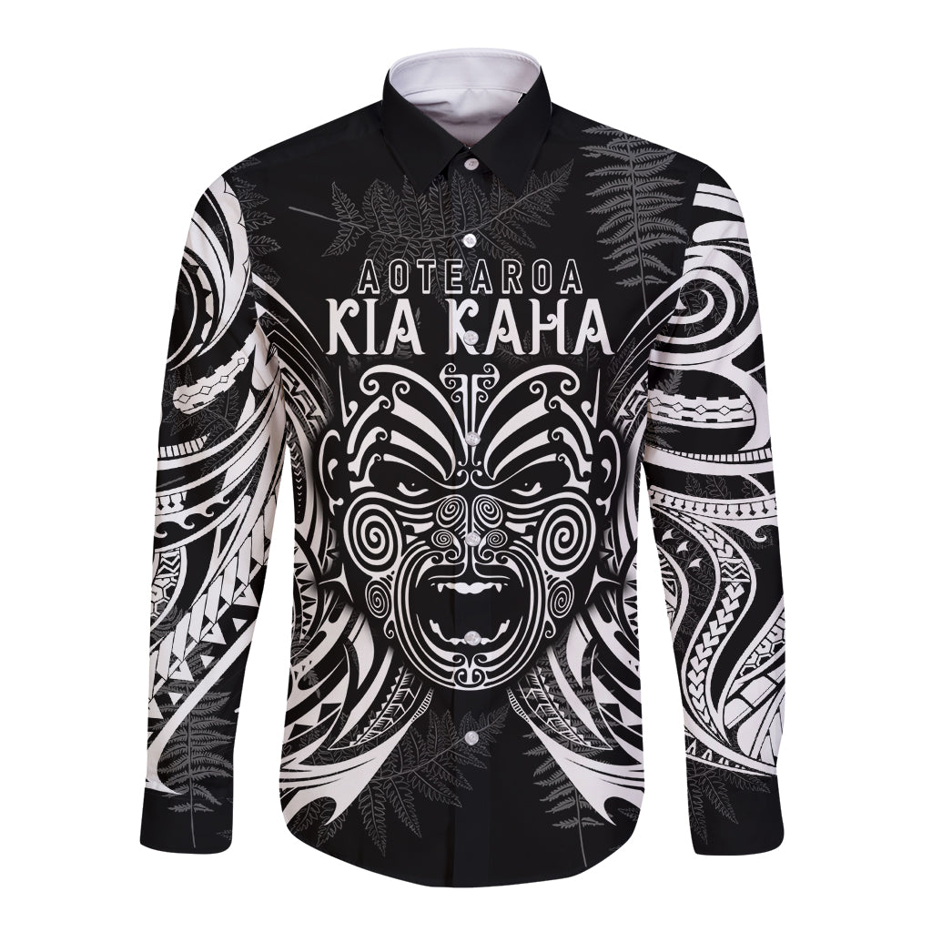 Custom New Zealand Rugby Long Sleeve Button Shirt 2023 World Cup Aotearoa Haka Face LT7 Unisex Black - Polynesian Pride