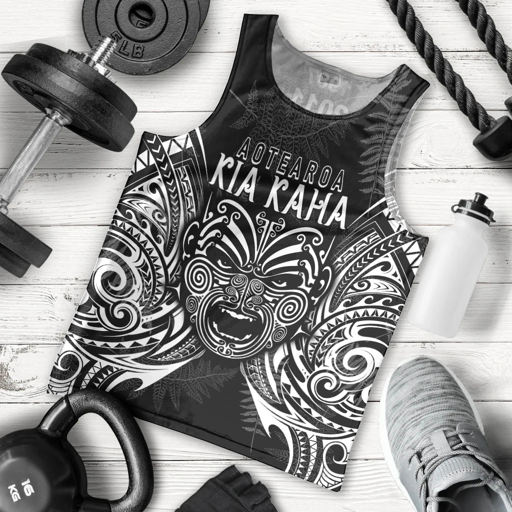 New Zealand Rugby Men Tank Top 2023 World Cup Aotearoa Haka Face LT7 Black - Polynesian Pride