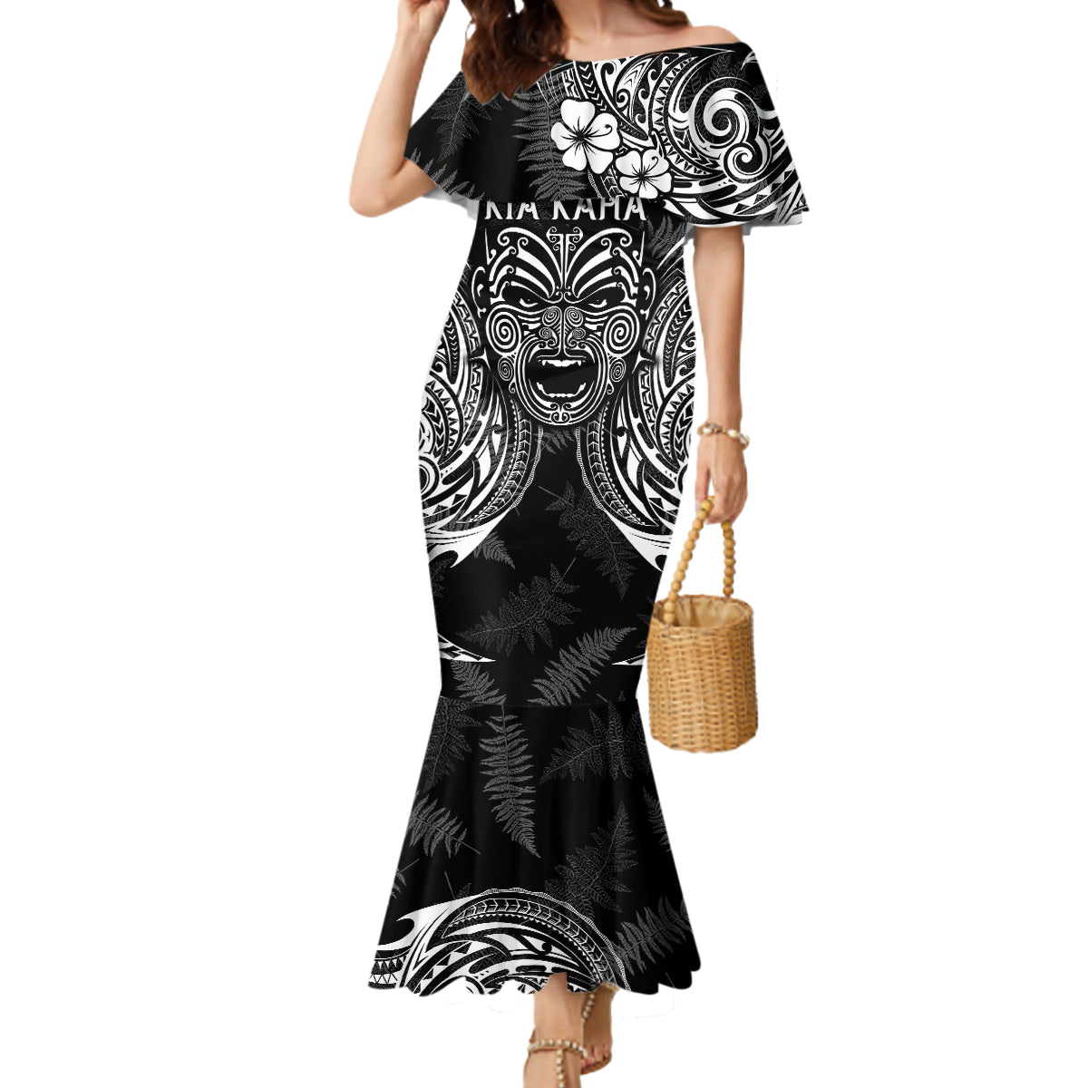 Custom New Zealand Rugby Mermaid Dress 2023 World Cup Aotearoa Haka Face LT7 Women Black - Polynesian Pride