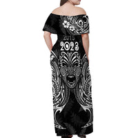 Custom New Zealand Rugby Off Shoulder Maxi Dress 2023 World Cup Aotearoa Haka Face LT7 - Polynesian Pride