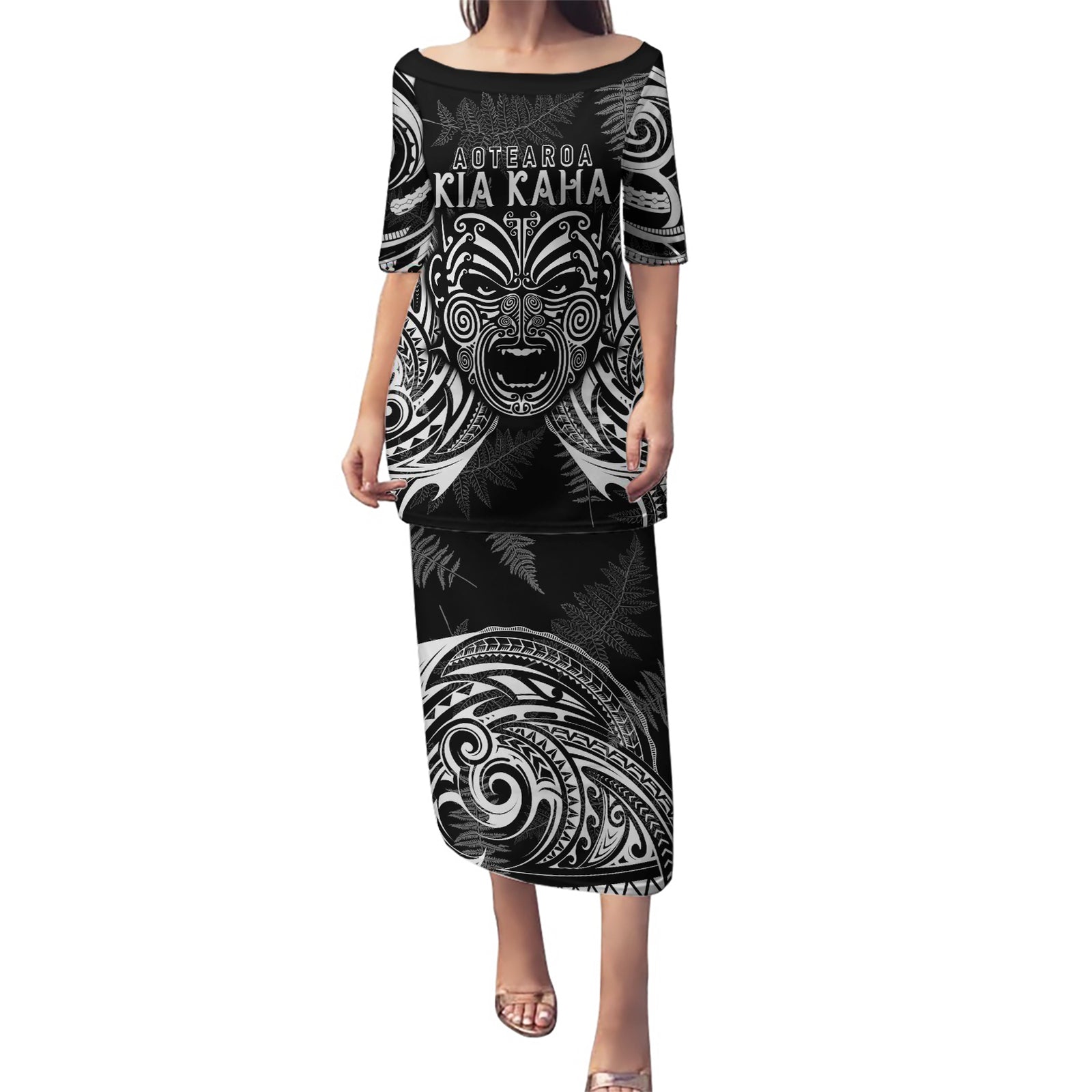 New Zealand Rugby Puletasi 2023 World Cup Aotearoa Haka Face LT7 Long Dress Black - Polynesian Pride