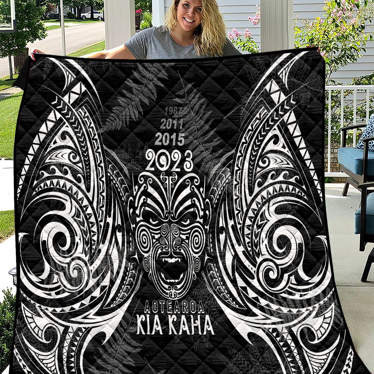 Custom New Zealand Rugby Quilt 2023 World Cup Aotearoa Haka Face LT7 Black - Polynesian Pride