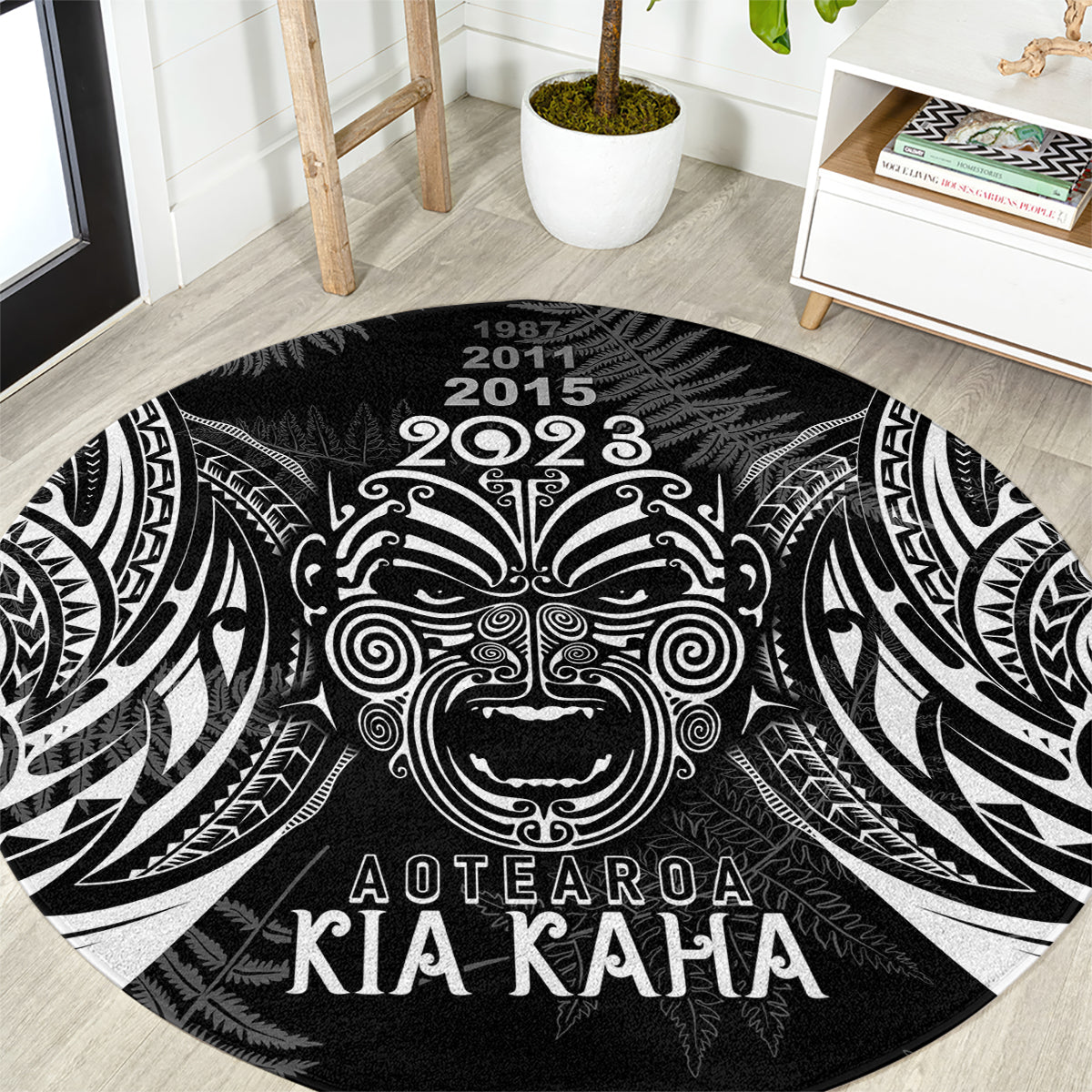 Custom New Zealand Rugby Round Carpet 2023 World Cup Aotearoa Haka Face LT7 Black - Polynesian Pride