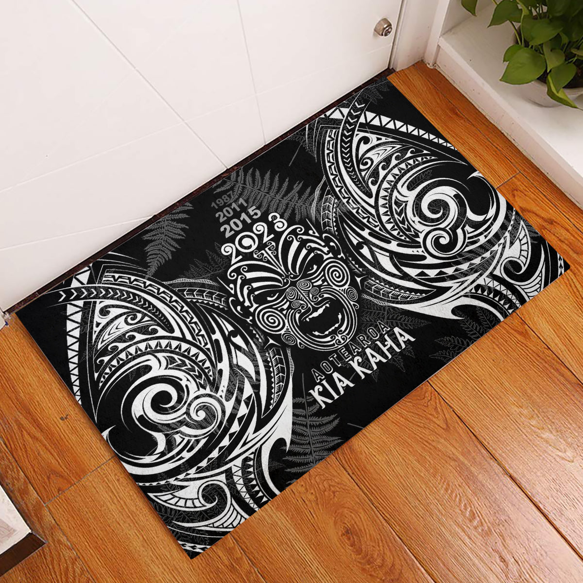 Custom New Zealand Rugby Rubber Doormat 2023 World Cup Aotearoa Haka Face LT7 Black - Polynesian Pride