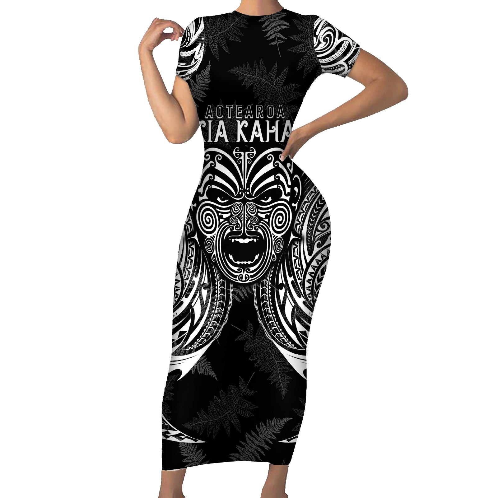 Custom New Zealand Rugby Short Sleeve Bodycon Dress 2023 World Cup Aotearoa Haka Face LT7 Long Dress Black - Polynesian Pride