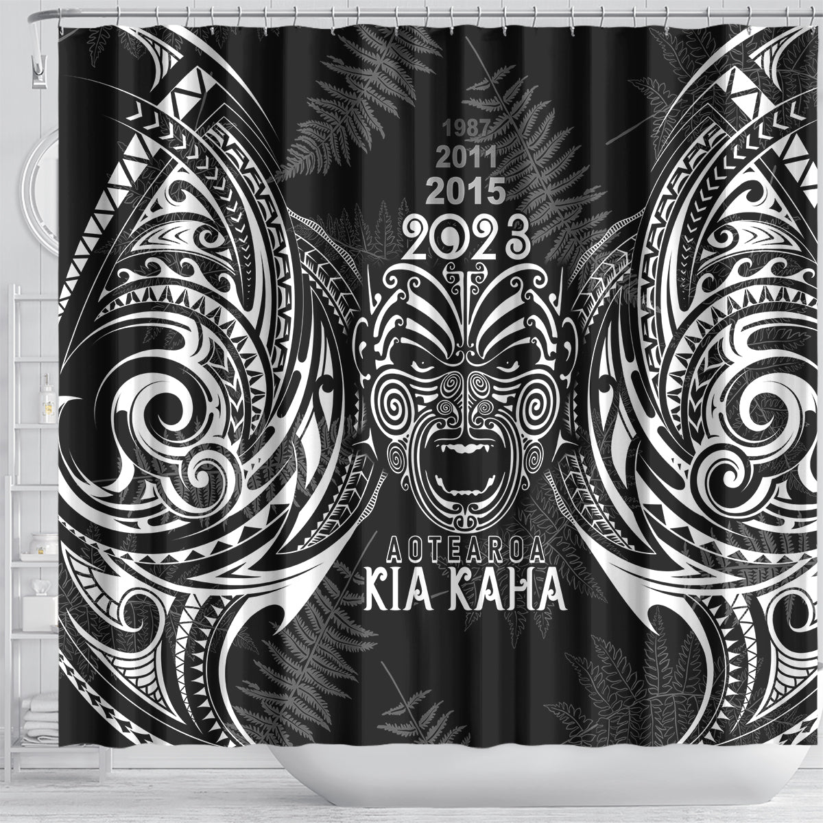 Custom New Zealand Rugby Shower Curtain 2023 World Cup Aotearoa Haka Face LT7 - Polynesian Pride
