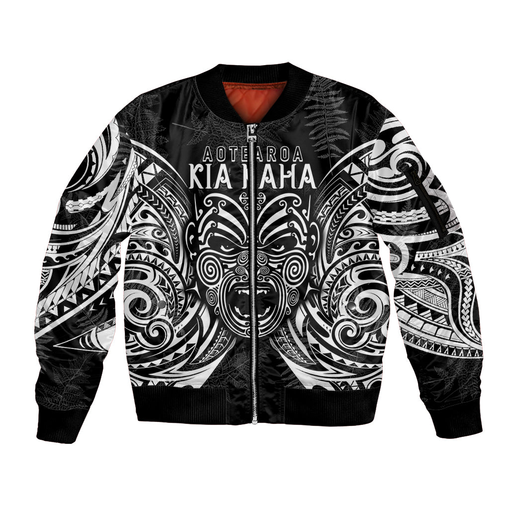 Custom New Zealand Rugby Sleeve Zip Bomber Jacket 2023 World Cup Aotearoa Haka Face LT7 Unisex Black - Polynesian Pride