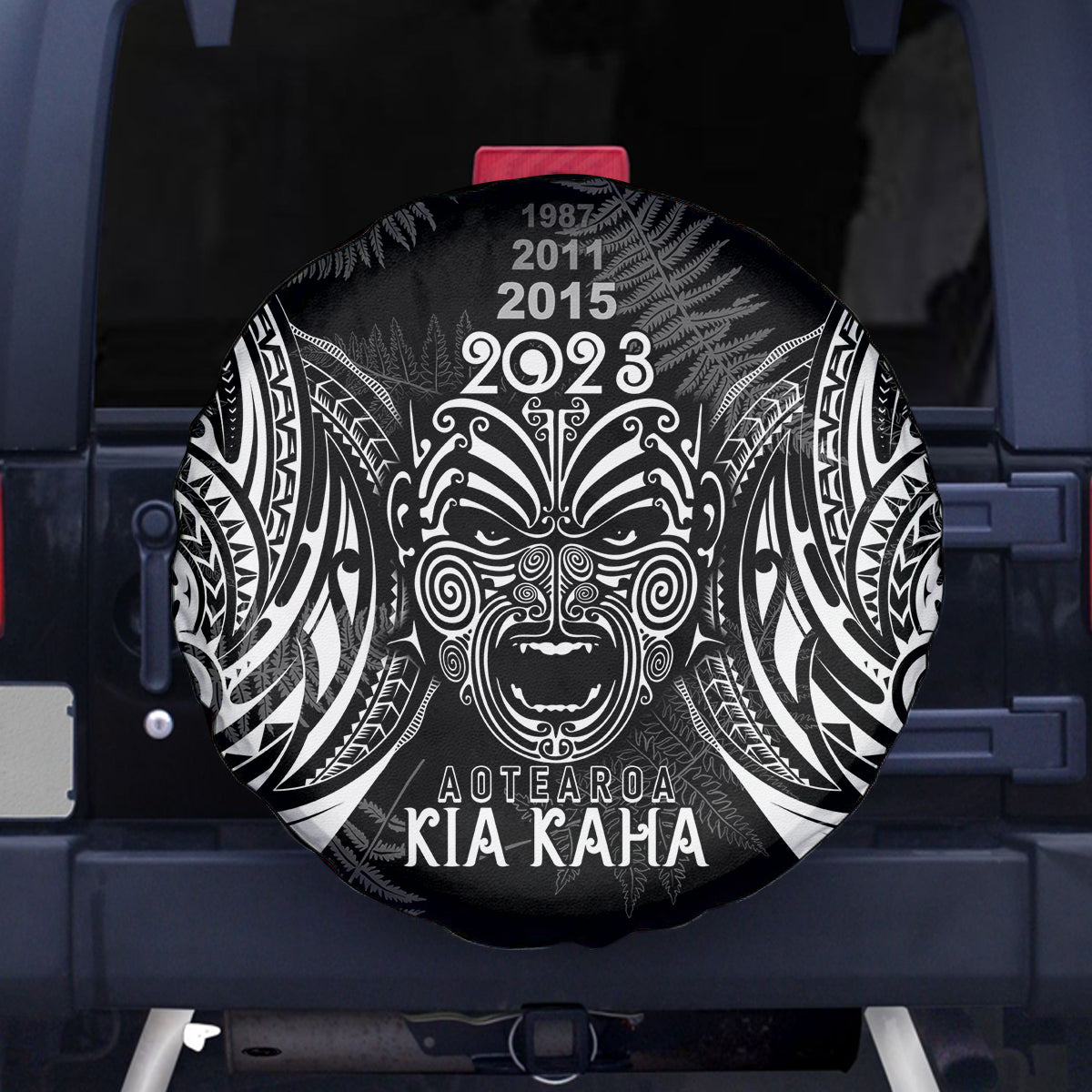 New Zealand Rugby Spare Tire Cover 2023 World Cup Aotearoa Haka Face LT7 Black - Polynesian Pride
