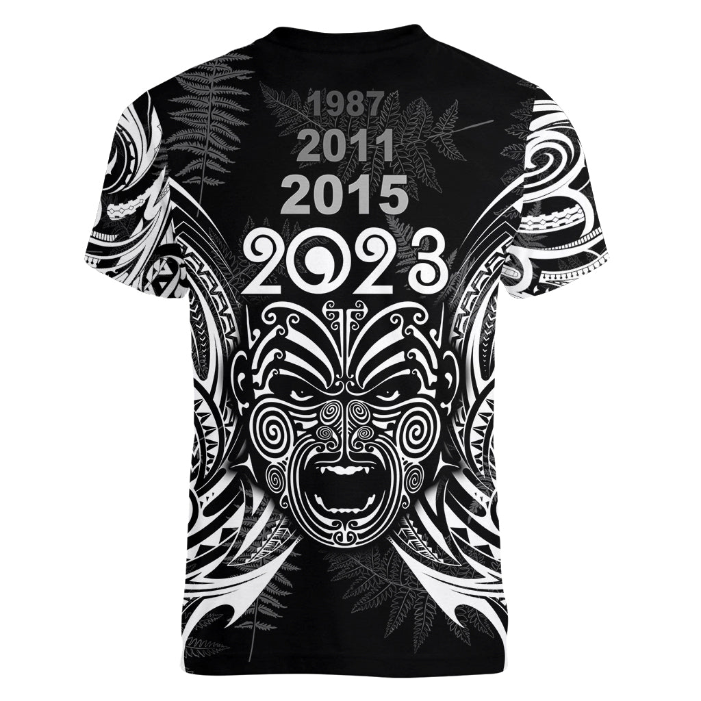 Custom New Zealand Rugby Women V Neck T Shirt 2023 World Cup Aotearoa Haka Face LT7 - Polynesian Pride