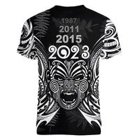 Custom New Zealand Rugby Women V Neck T Shirt 2023 World Cup Aotearoa Haka Face LT7 - Polynesian Pride