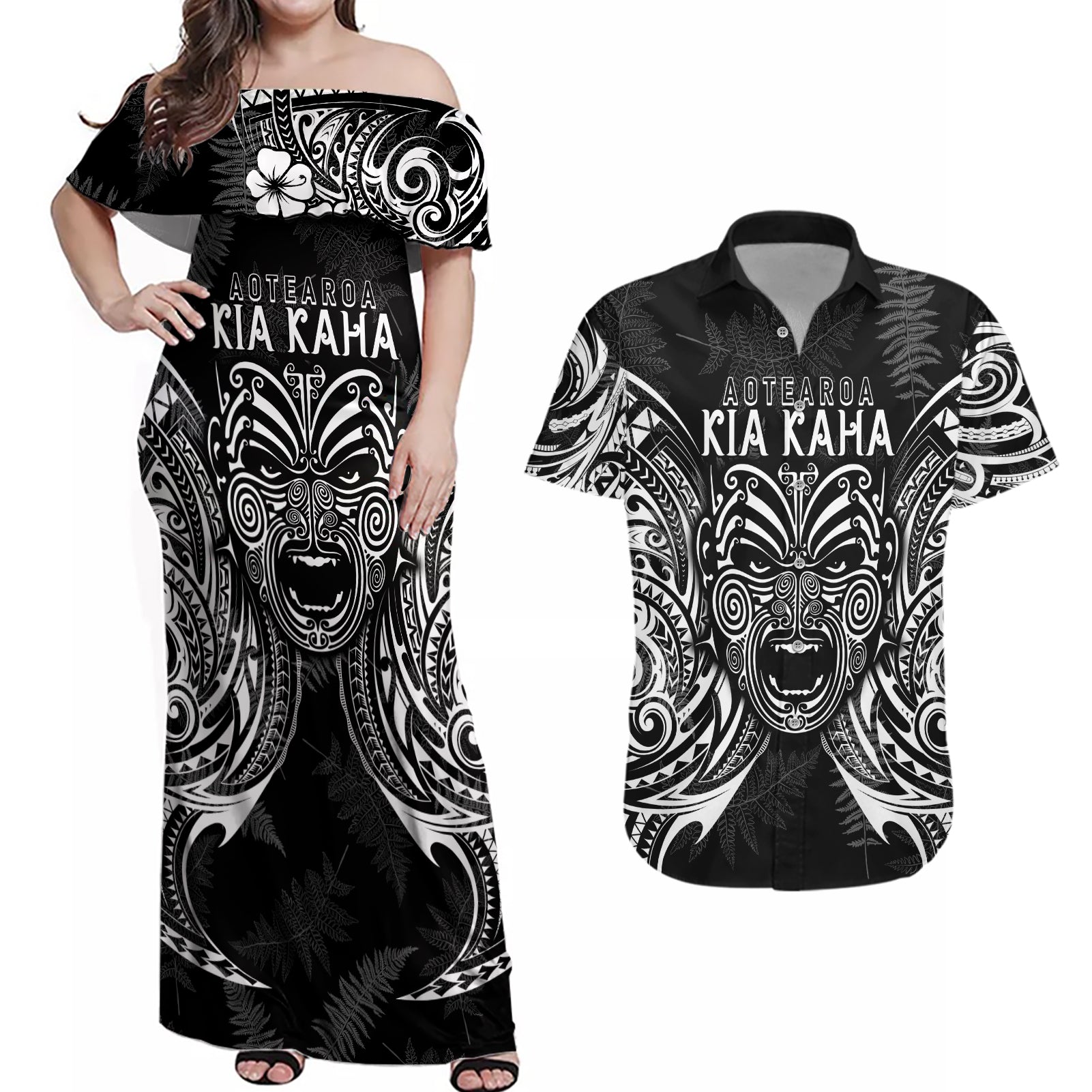 New Zealand Rugby Couples Matching Off Shoulder Maxi Dress and Hawaiian Shirt 2023 World Cup Aotearoa Create History LT7 Black - Polynesian Pride