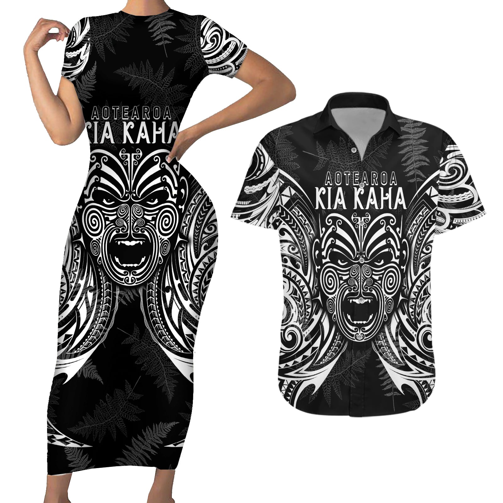 New Zealand Rugby Couples Matching Short Sleeve Bodycon Dress and Hawaiian Shirt 2023 World Cup Aotearoa Create History LT7 Black - Polynesian Pride